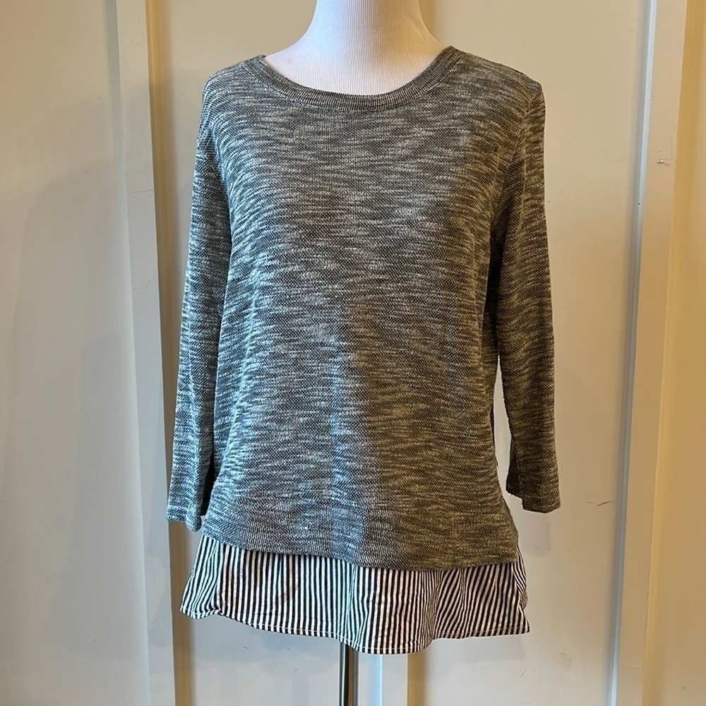 Clu + Willoughby Marled Sweater with Pinstripe Shirt Detail
